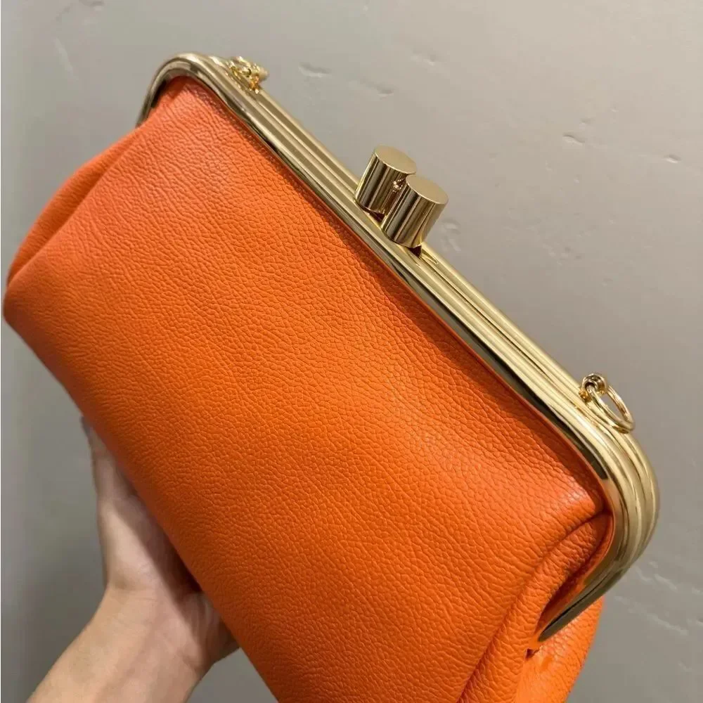 Orange Premium Pebble Cowhide Handmade Large Kiss Lock Handbag/ Multi Use Style